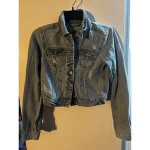 Hollister Distressed Cropped Denim Jacket Womens S Blue Button Front Logo Y2K‎